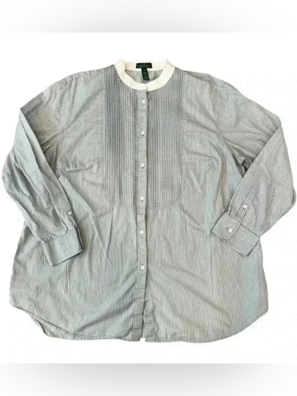 Lauren Ralph Lauren Black & White Striped Banded Collar Button Up Shirt